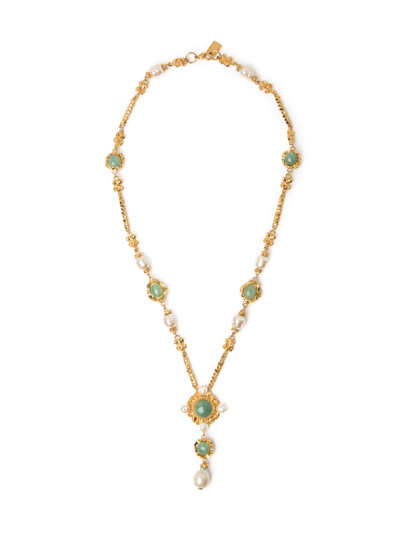 St. John Couture Gold Plated Faux Pearl Cabochon Necklace Ivory Green