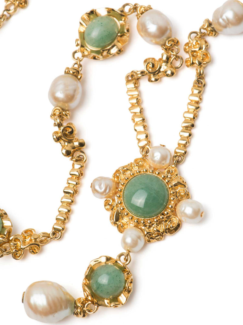 St. John Couture Gold Plated Faux Pearl Cabochon Necklace Ivory Green