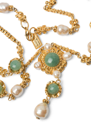 St. John Couture Gold Plated Faux Pearl Cabochon Necklace Ivory Green