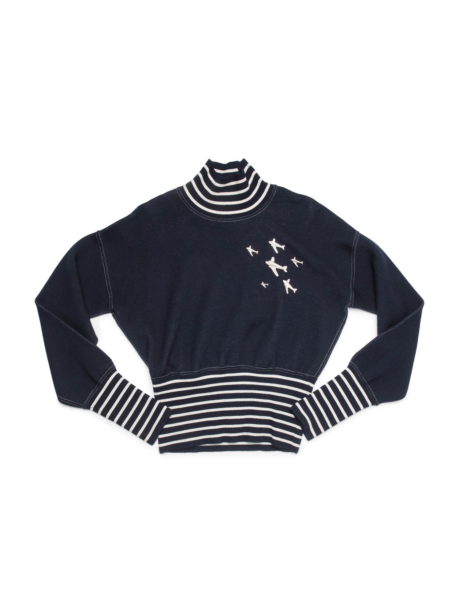 Chanel Logo Airplane Striped Turtle Neck Sweater Navy White