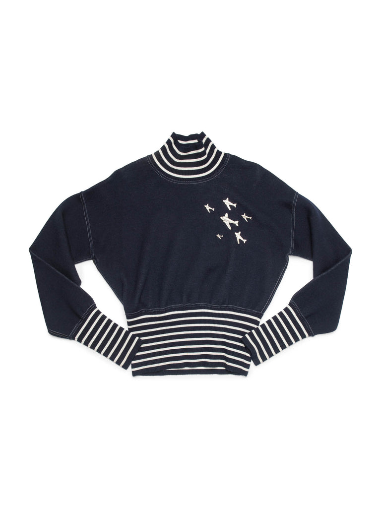 Chanel Logo Airplane Striped Turtle Neck Sweater Navy White