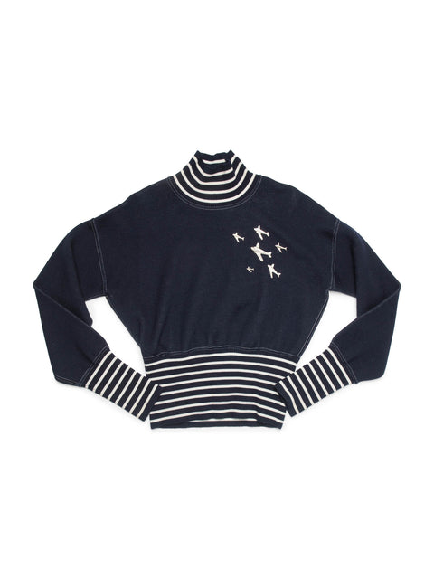 Chanel Logo Airplane Striped Turtle Neck Sweater Navy White
