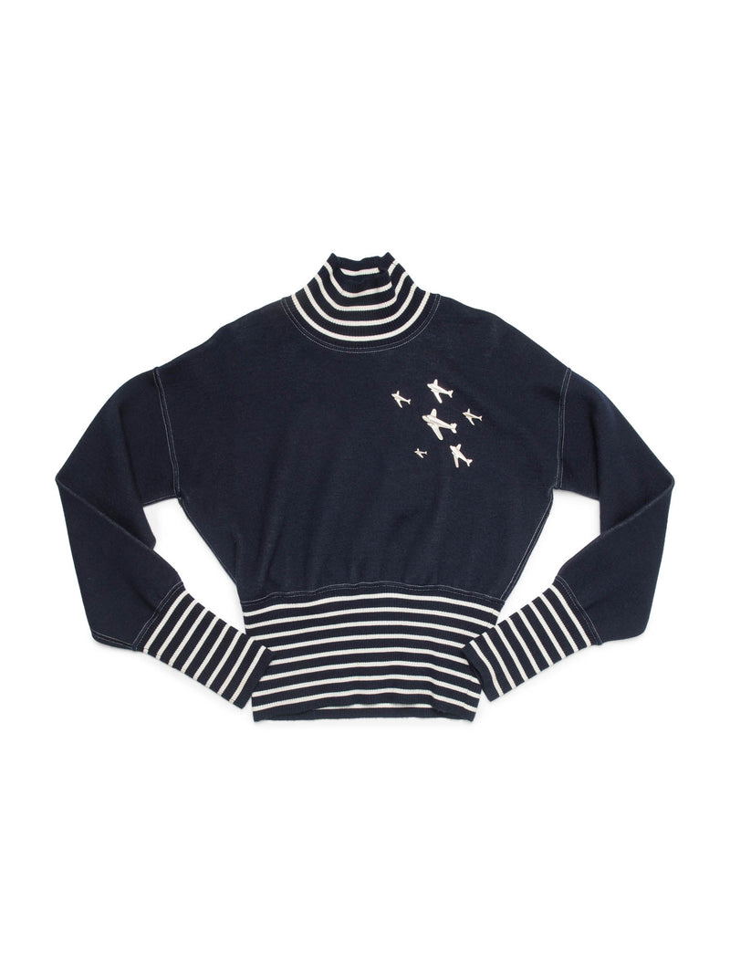 Chanel Logo Airplane Striped Turtle Neck Sweater Navy White