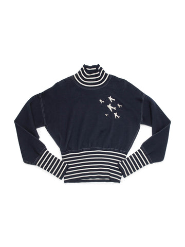 Chanel Logo Airplane Striped Turtle Neck Sweater Navy White