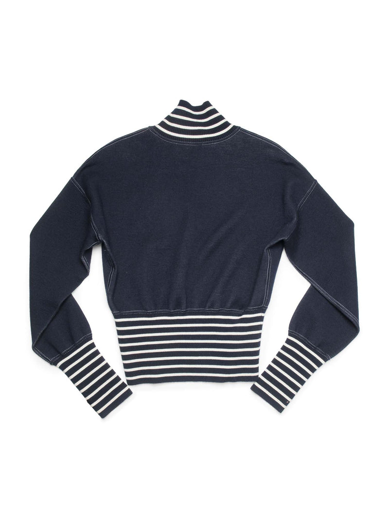 Chanel Logo Airplane Striped Turtle Neck Sweater Navy White