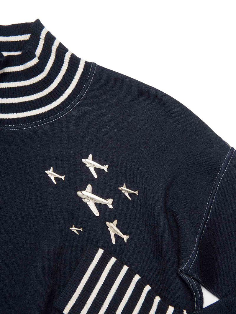 Chanel Logo Airplane Striped Turtle Neck Sweater Navy White