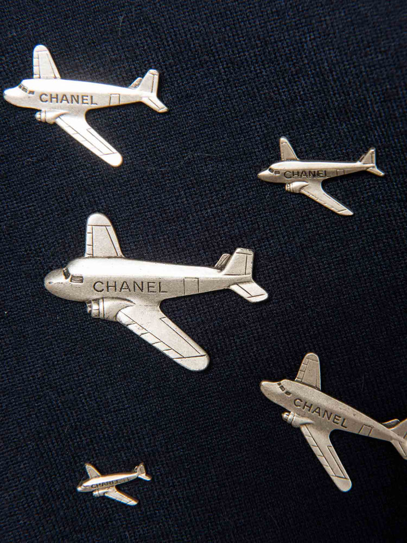 Chanel Logo Airplane Striped Turtle Neck Sweater Navy White