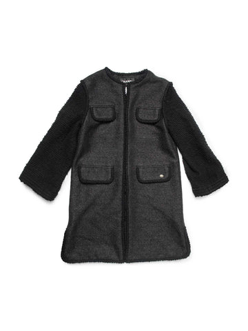 CHANEL CC Logo Tweed Fringe Wool Sparkling Coat Black