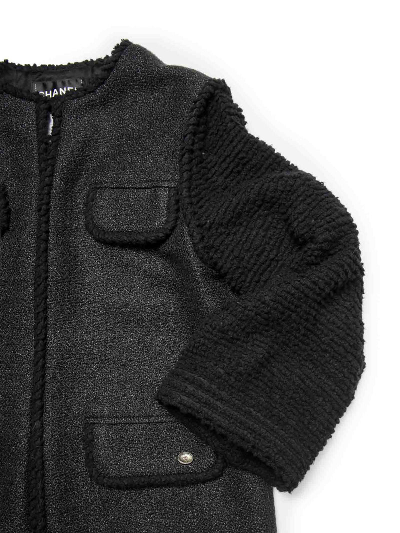CHANEL CC Logo Tweed Fringe Wool Sparkling Coat Black