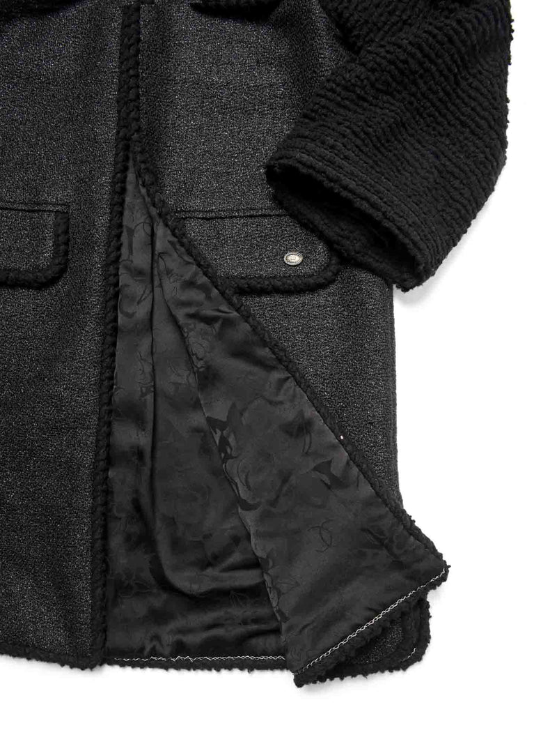 CHANEL CC Logo Tweed Fringe Wool Sparkling Coat Black