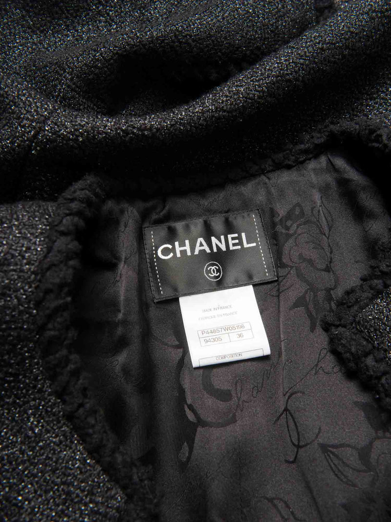 CHANEL CC Logo Tweed Fringe Wool Sparkling Coat Black