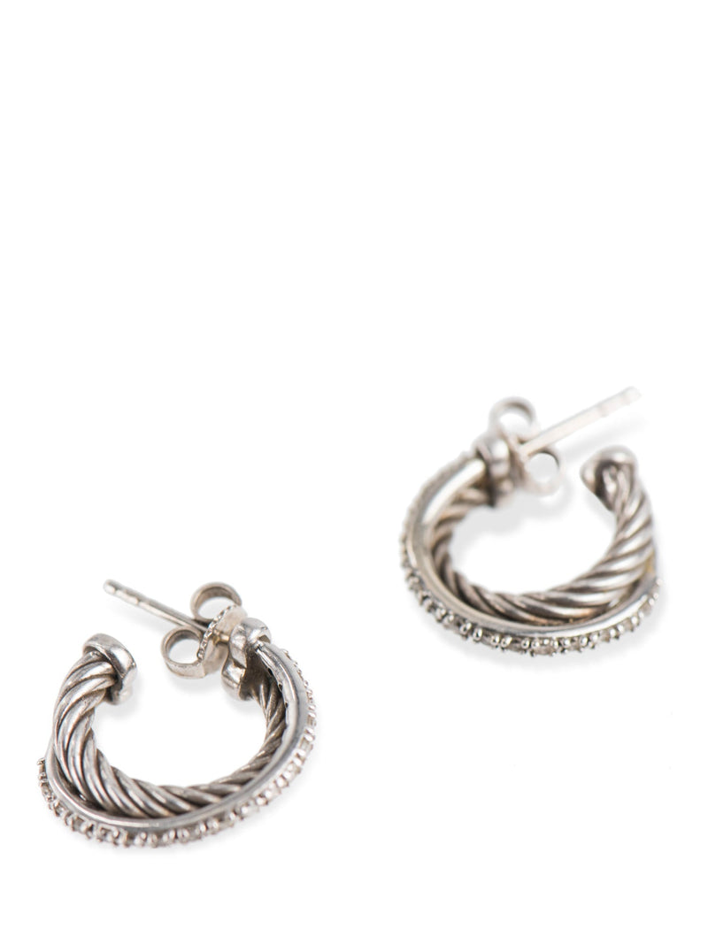 David Yurman 14K White Gold Sterling Silver Diamond Cable Hoop Earrings-designer resale