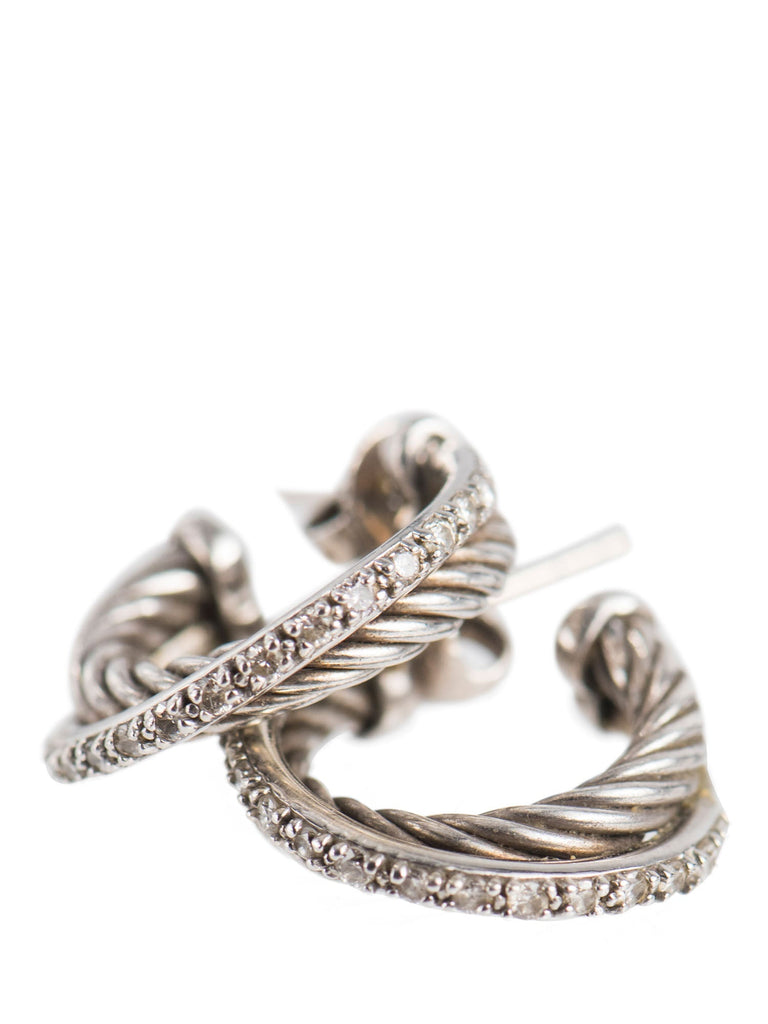 David Yurman 14K White Gold Sterling Silver Diamond Cable Hoop Earrings-designer resale