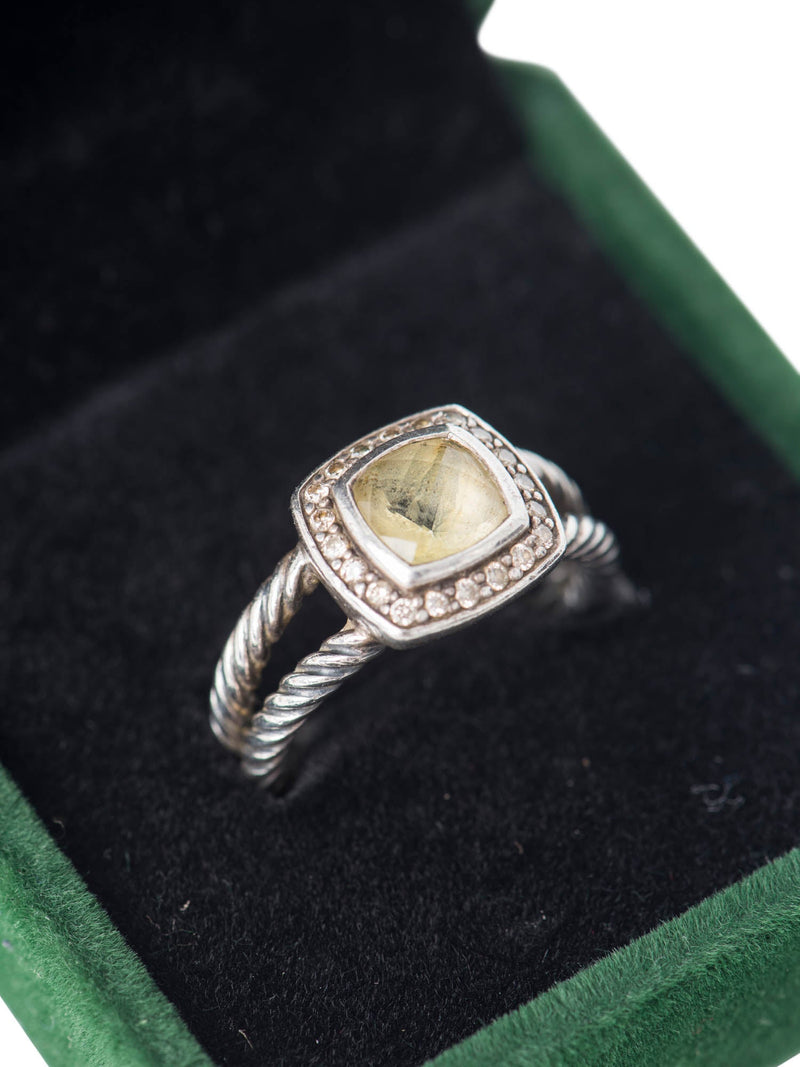 David Yurman Sterling Silver Diamond Pave Citrine Cable Ring-designer resale