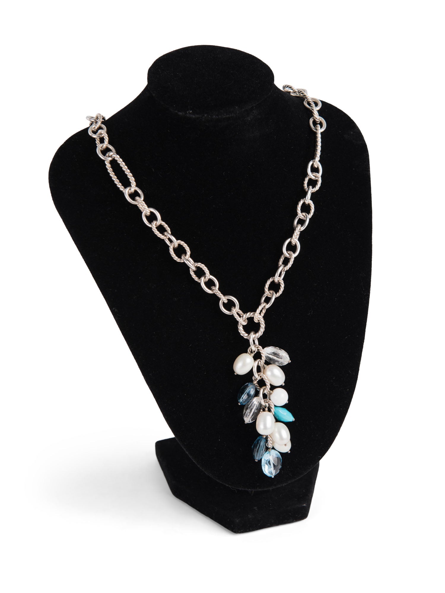 David Yurman Sterling Silver Pearl Aquamarine Chain Link Necklace-designer resale