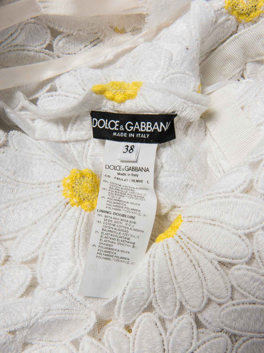 Dolce & Gabbana Embroidered Daisy Midi Fitted Dress White Yellow