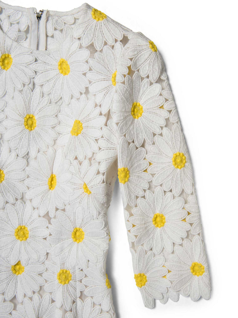 Dolce & Gabbana Embroidered Daisy Midi Fitted Dress White Yellow-designer resale