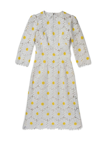 Dolce & Gabbana Embroidered Daisy Midi Fitted Dress White Yellow-designer resale