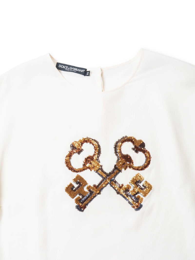Dolce & Gabbana Silk Sequined Key Blouse Ivory Gold-designer resale