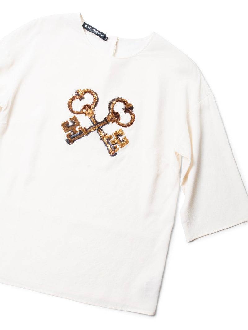 Dolce & Gabbana Silk Sequined Key Blouse Ivory Gold-designer resale