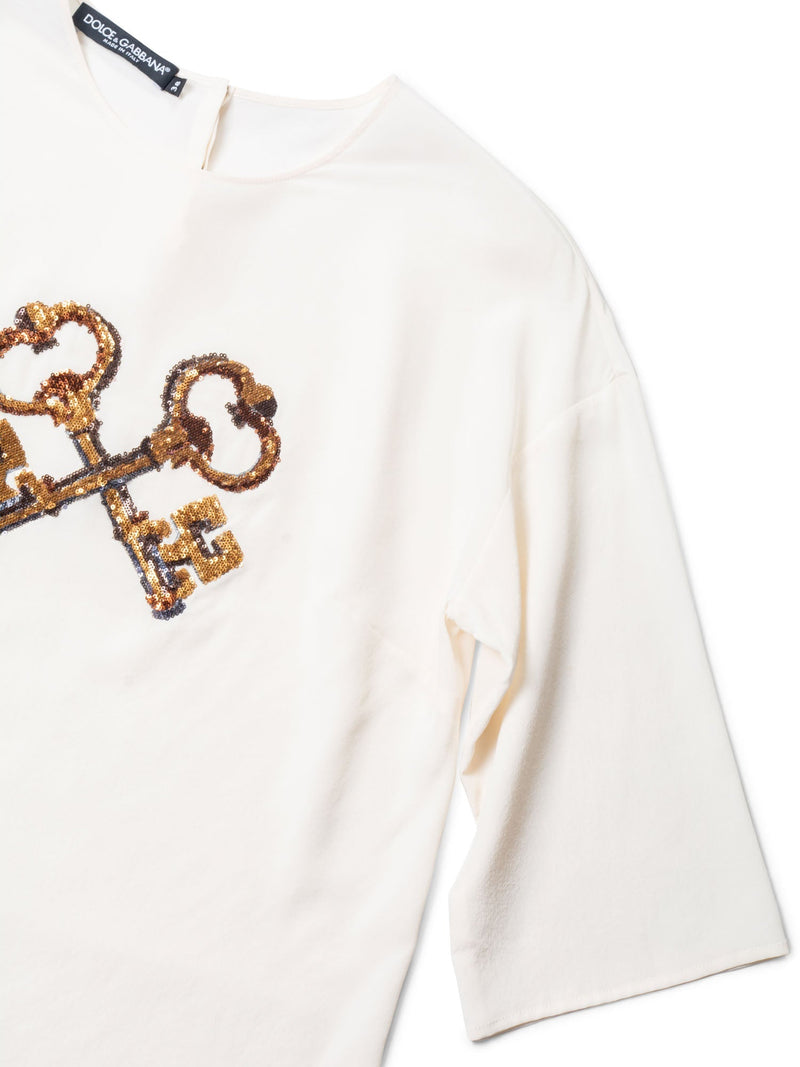 Dolce & Gabbana Silk Sequined Key Blouse Ivory Gold-designer resale