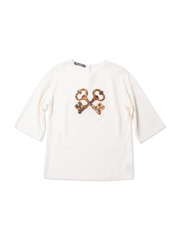 Dolce & Gabbana Silk Sequined Key Blouse Ivory Gold-designer resale