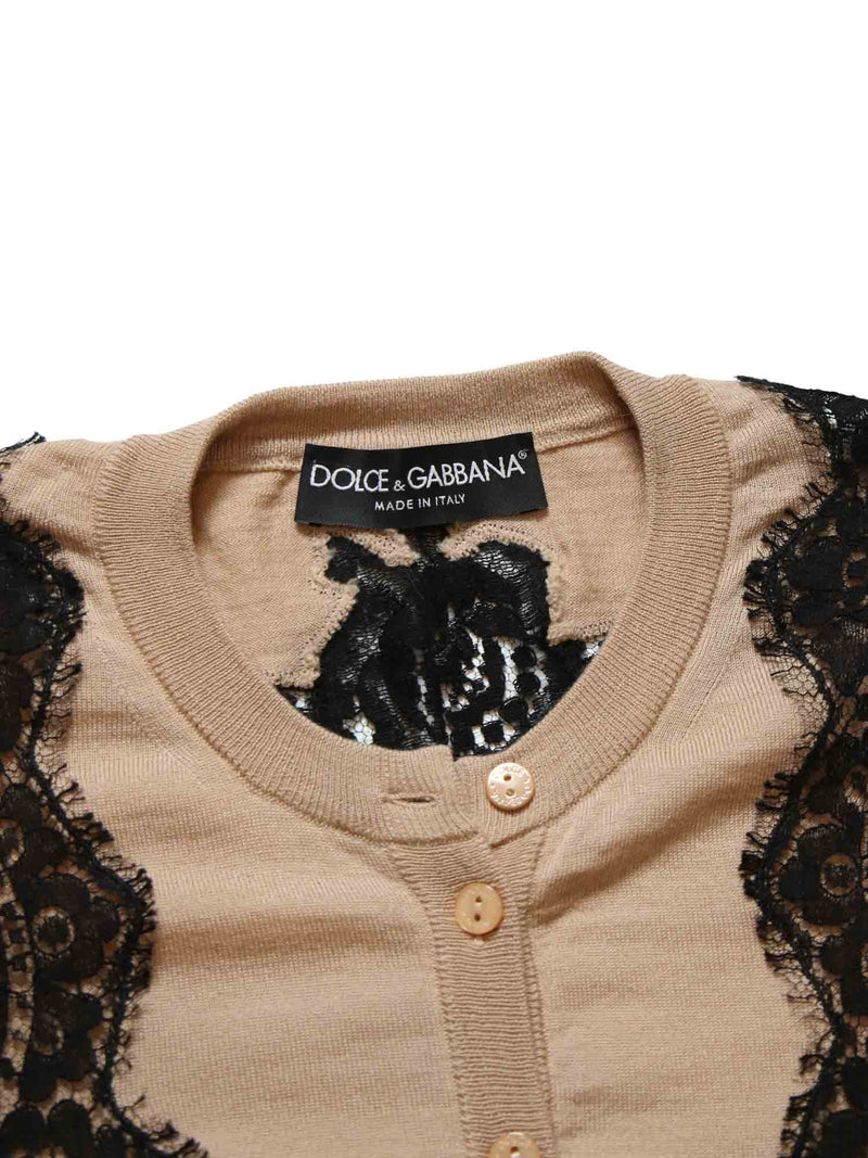 Dolce and Gabbana Wool Lace Button Up Cardigan Beige Black-designer resale
