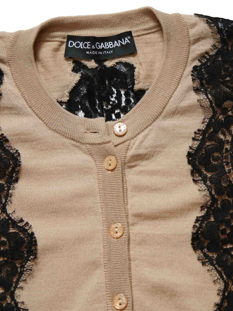 Dolce and Gabbana Wool Lace Button Up Cardigan Beige Black-designer resale