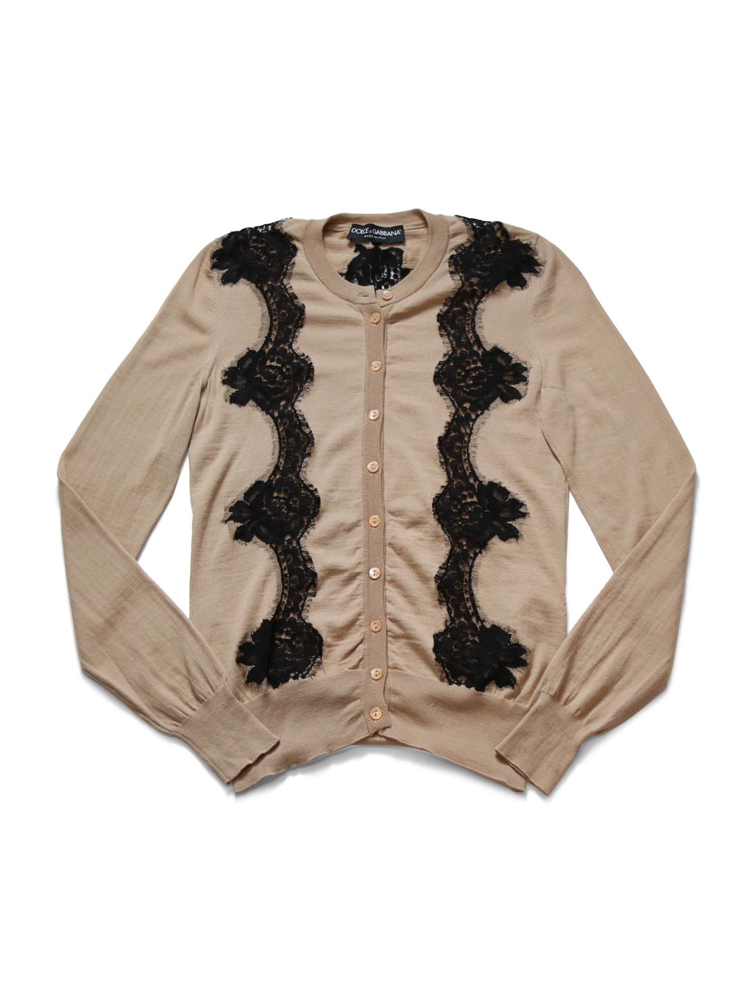 Dolce and Gabbana Wool Lace Button Up Cardigan Beige Black-designer resale