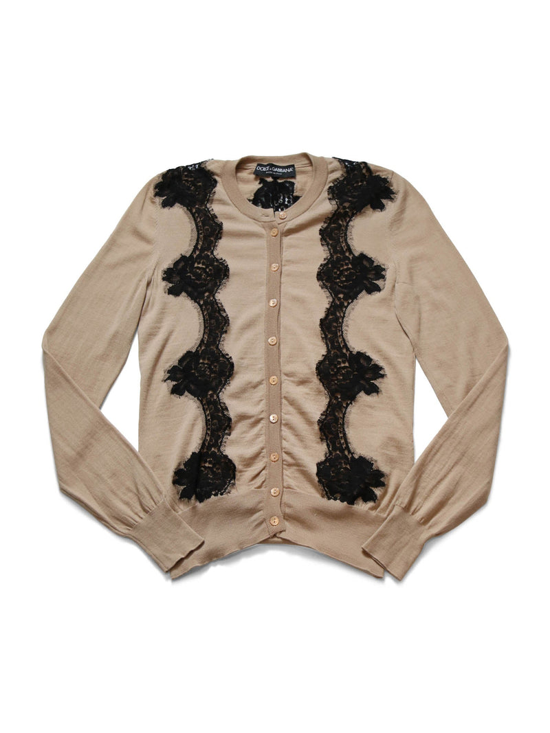 Dolce and Gabbana Wool Lace Button Up Cardigan Beige Black-designer resale