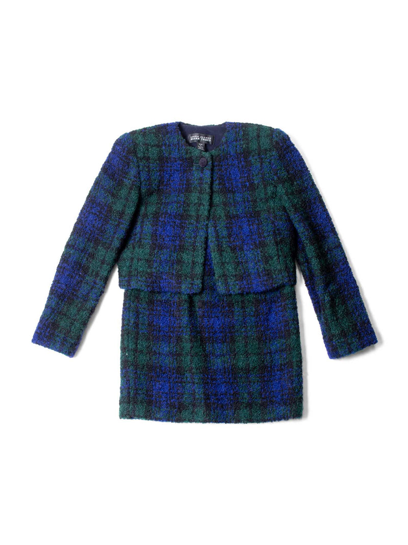 Ellen Tracy Vintage Tweed Plaid Jacket Skirt Set Blue Black Green-designer resale