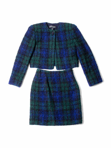 Ellen Tracy Vintage Tweed Plaid Jacket Skirt Set Blue Black Green-designer resale
