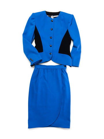 Emanuel Ungaro Wool Jacket Skirt Set Royal Blue Black-designer resale