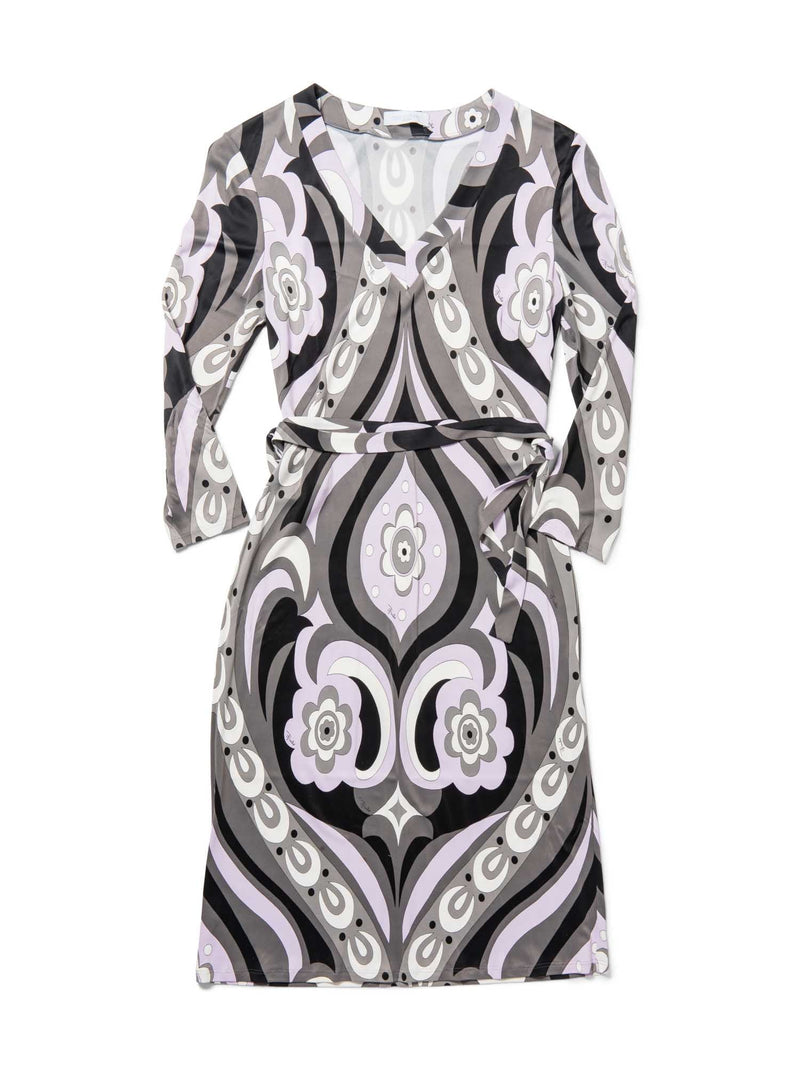 Emilio Pucci Vintage Signed Belted Floral Midi Dress Lavender Grey-designer resale