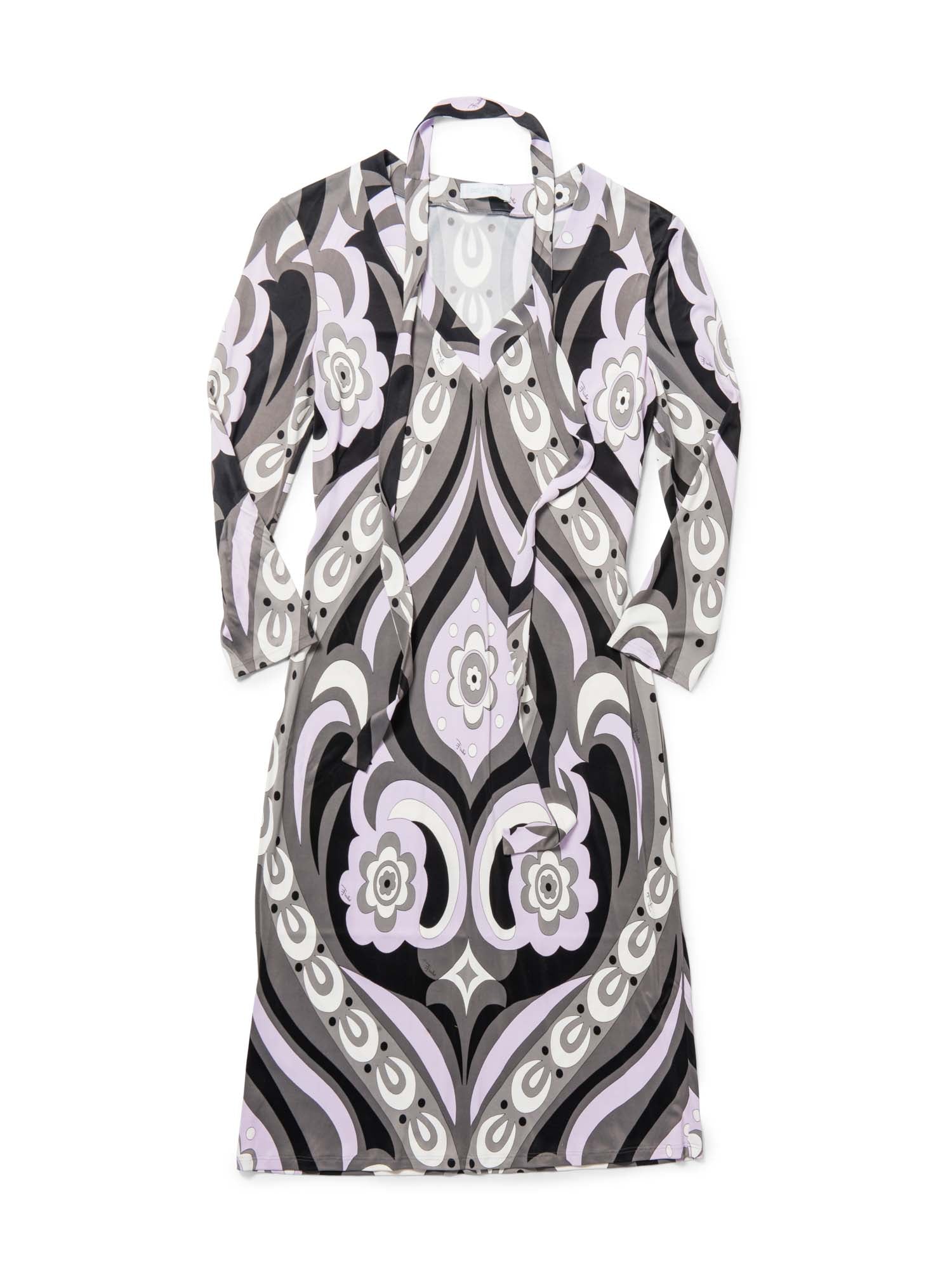 Emilio Pucci Vintage Signed Belted Floral Midi Dress Lavender Grey-designer resale