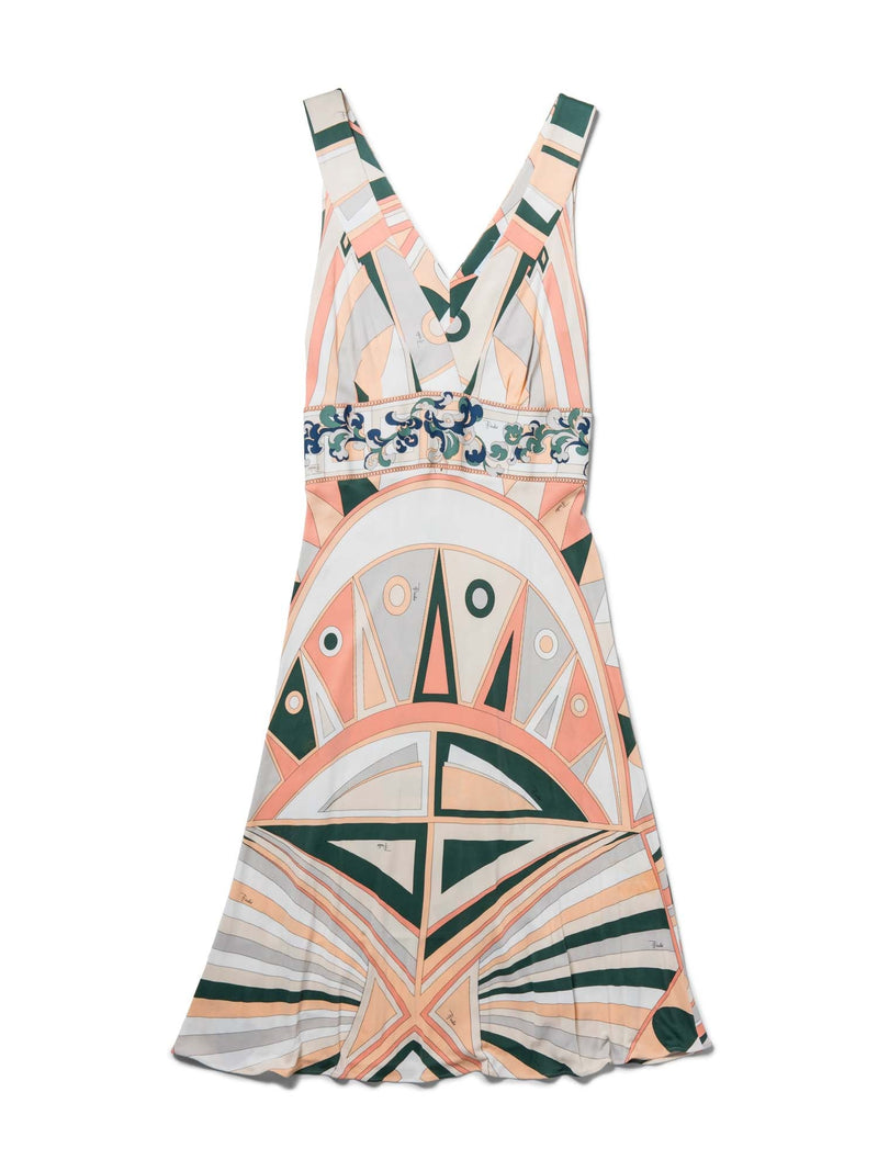 Emilio Pucci Vintage Signed Sleeveless Abstract V Neck Dress Nude Peach-designer resale