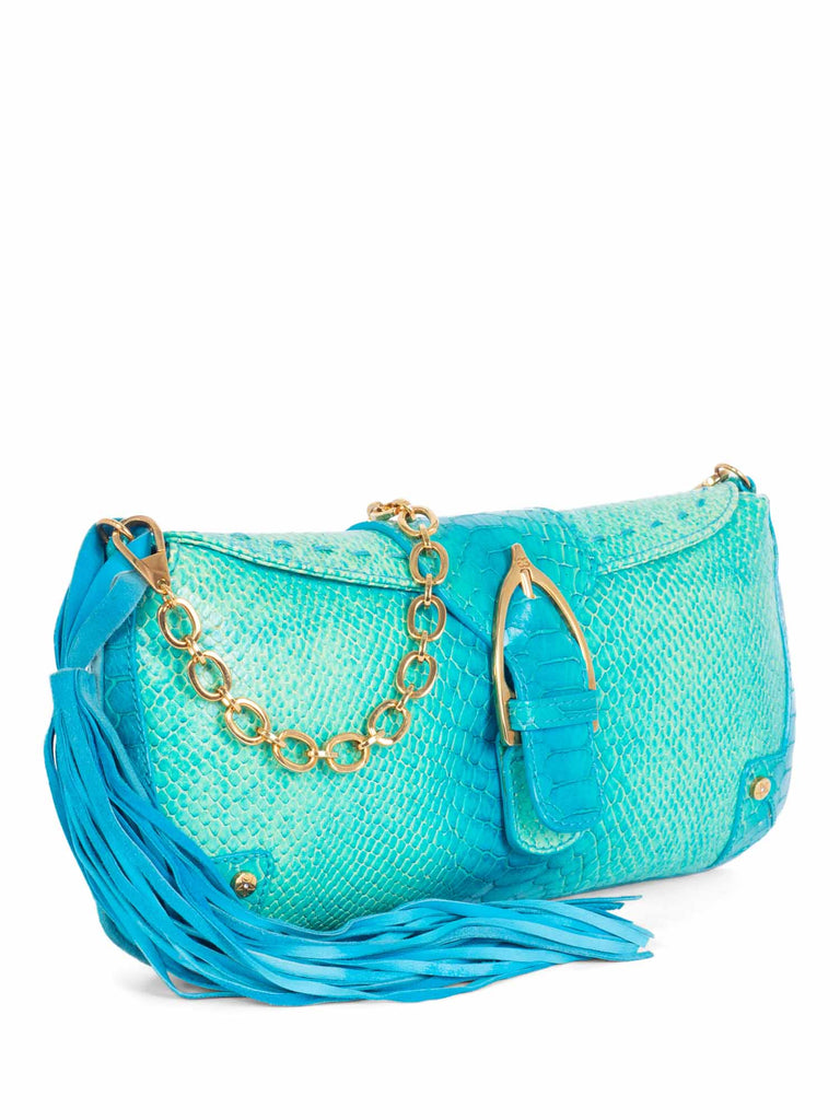 Escada Genuine Python Tassel Flap Shoulder Bag Aqua Green-designer resale