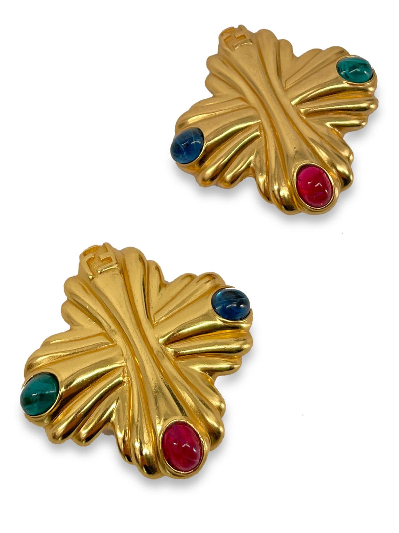 Fendi FF Logo 24k Gold Plated Gripoix Clipon Earrings-designer resale