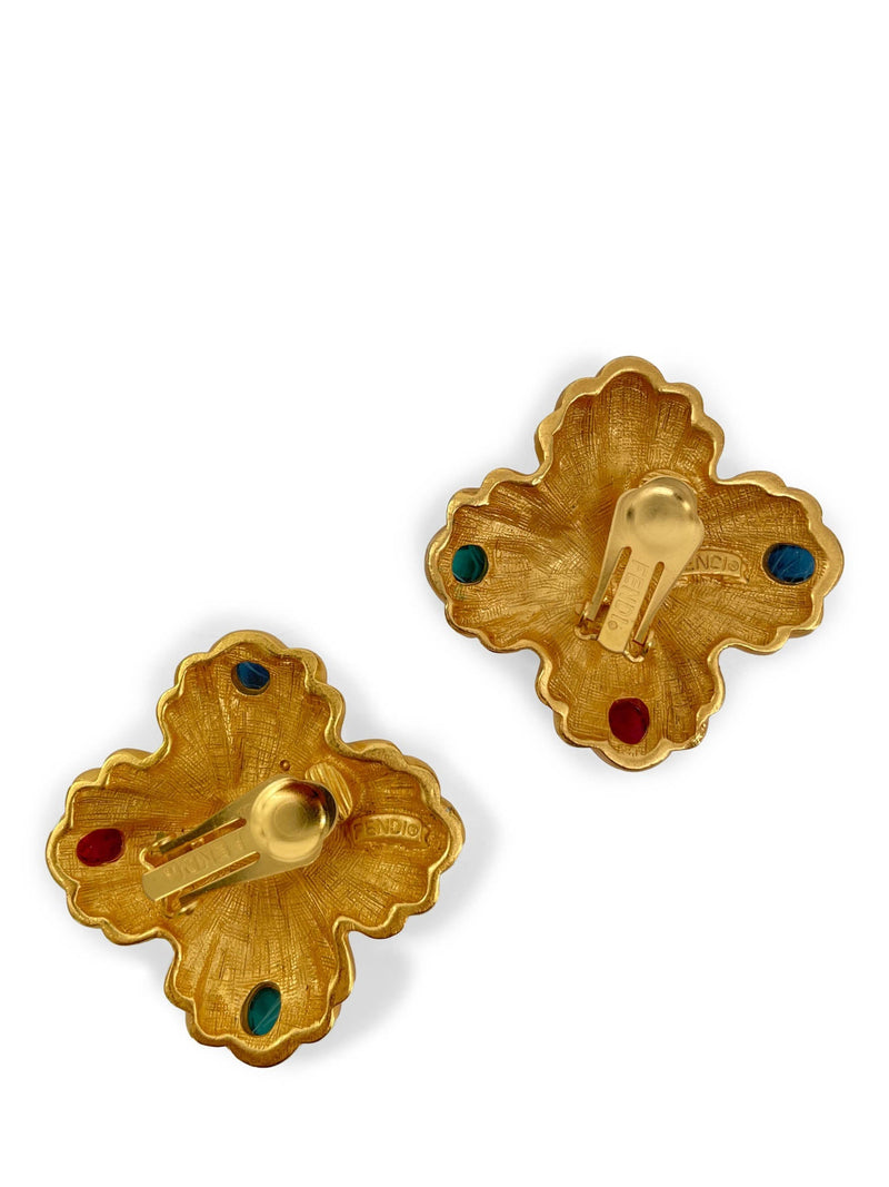 Fendi FF Logo 24k Gold Plated Gripoix Clipon Earrings-designer resale