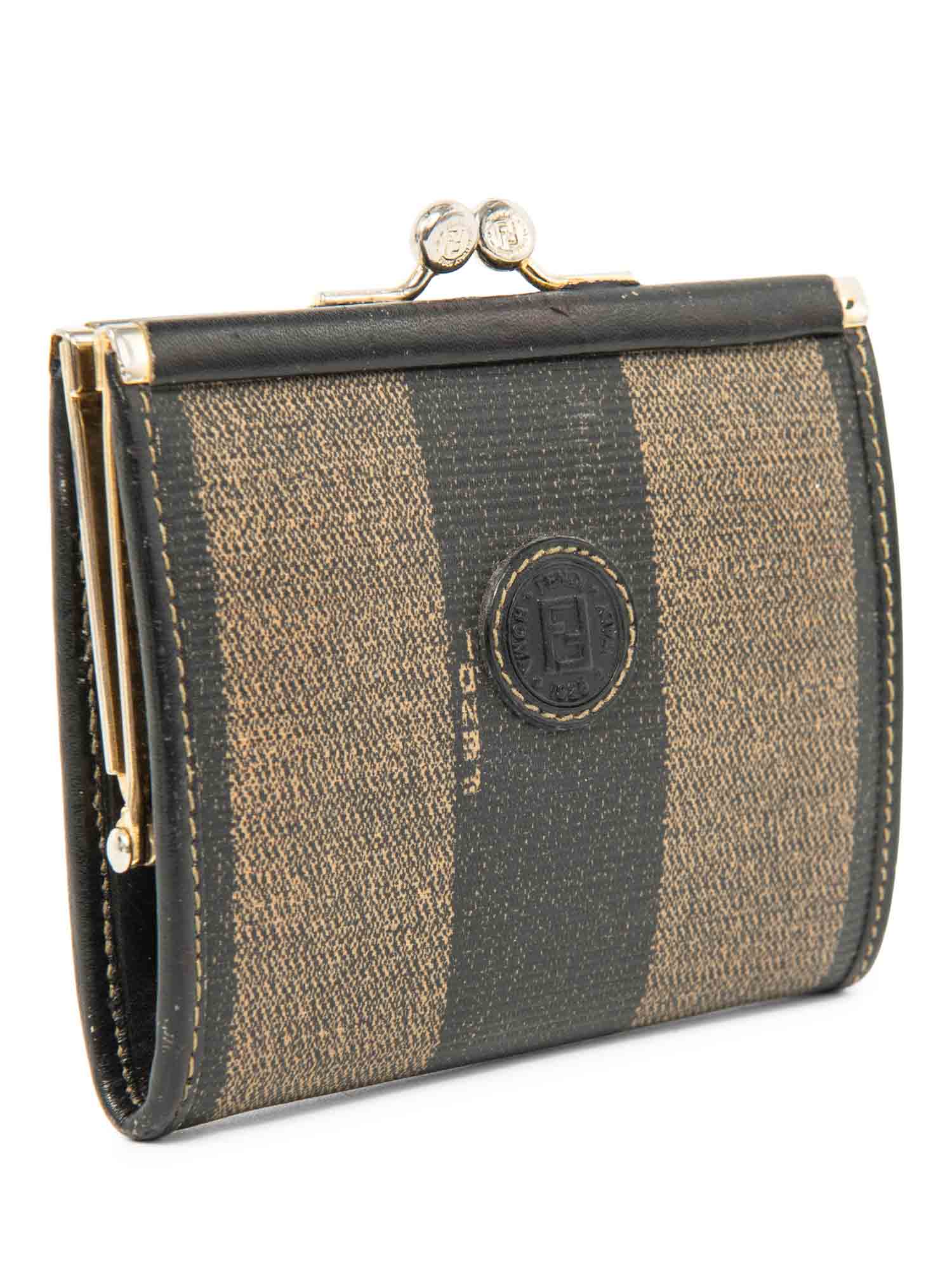 Fendi FF Logo Canvas Kiss lock Wallet Brown Black-designer resale