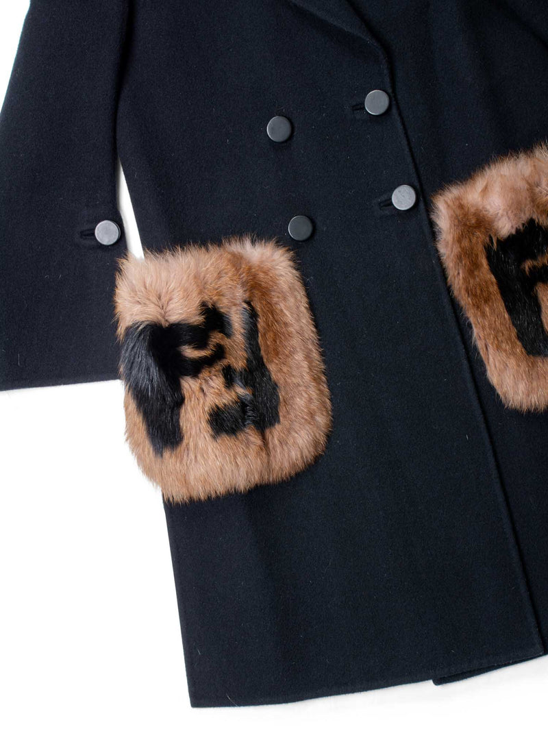 Fendi FF Logo Cashmere Fur Pocket Coat Black Brown-designer resale