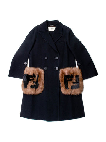 Fendi FF Logo Cashmere Fur Pocket Coat Black Brown-designer resale