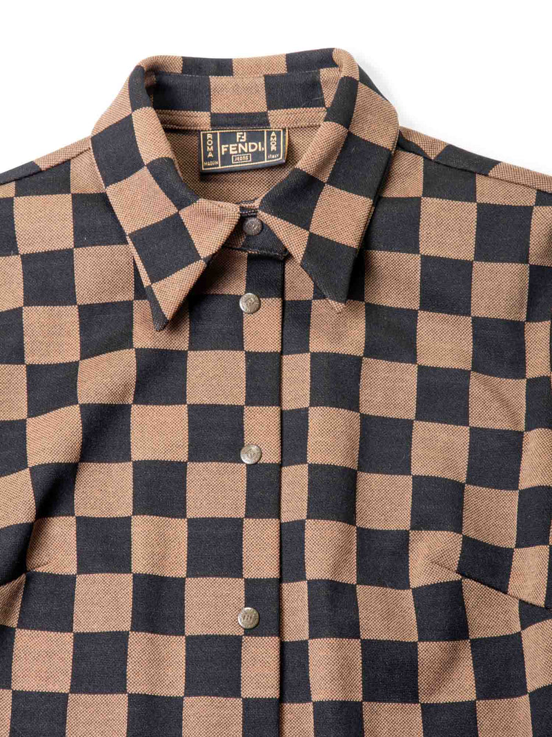 Fendi FF Logo Checkered Fitted Jersey Button Up Shirt Brown-designer resale