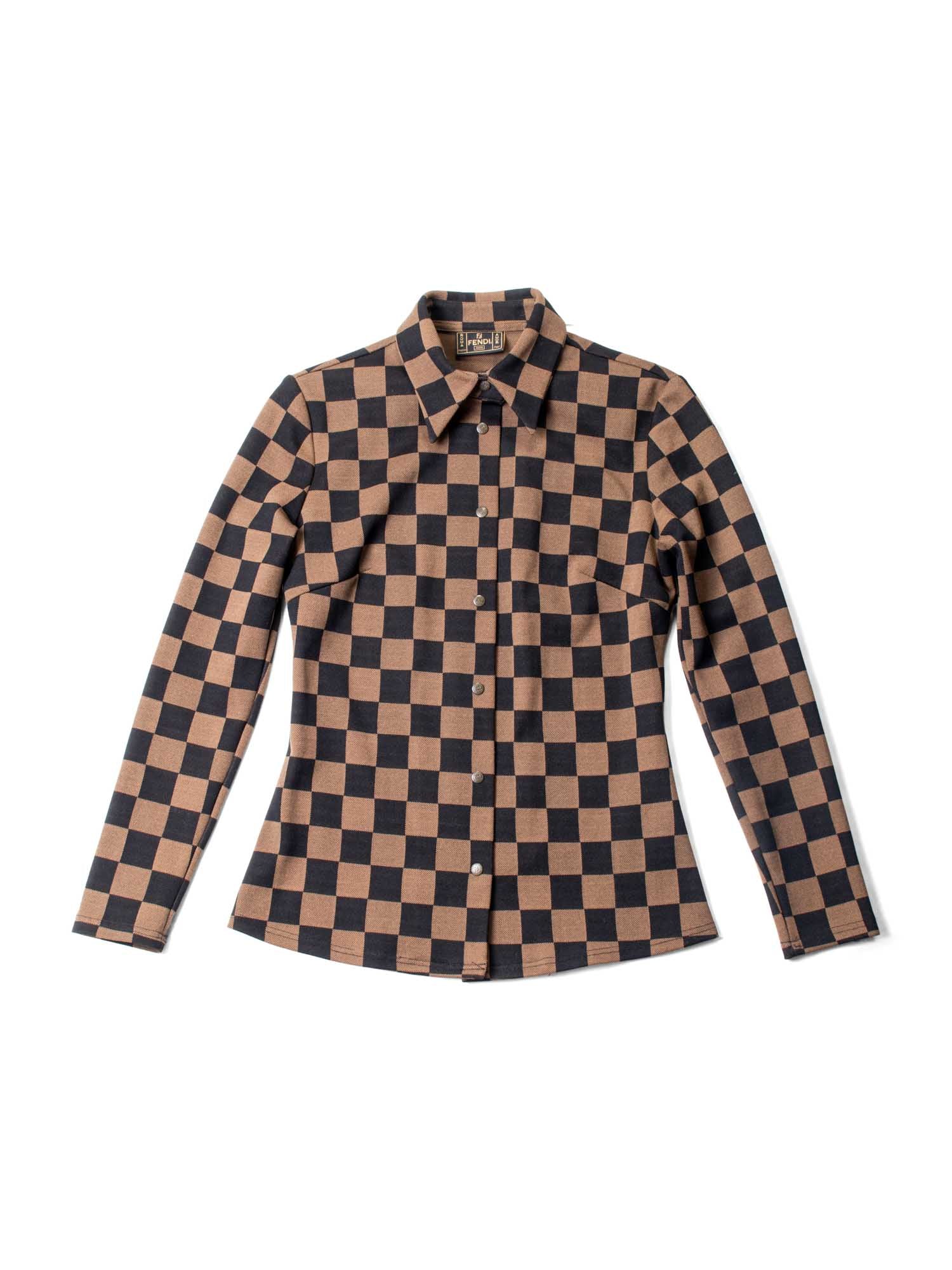 Fendi FF Logo Checkered Fitted Jersey Button Up Shirt Brown-designer resale