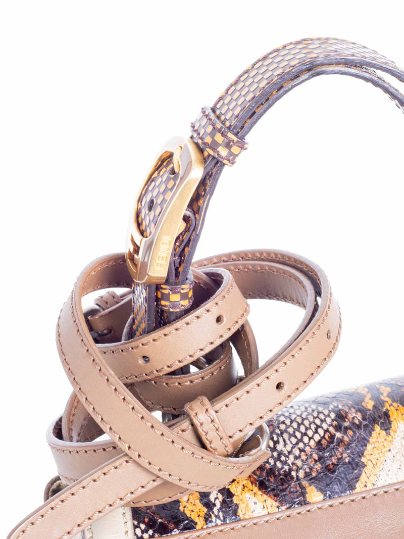 Fendi FF Logo Leather Python Top Handle Flap Bag Brown Gold Silver-designer resale