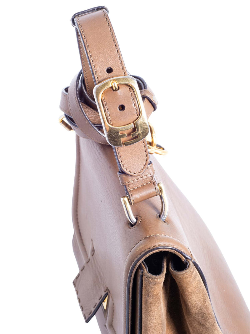 Fendi FF Logo Leather Suede Top Handle Bag Brown-designer resale
