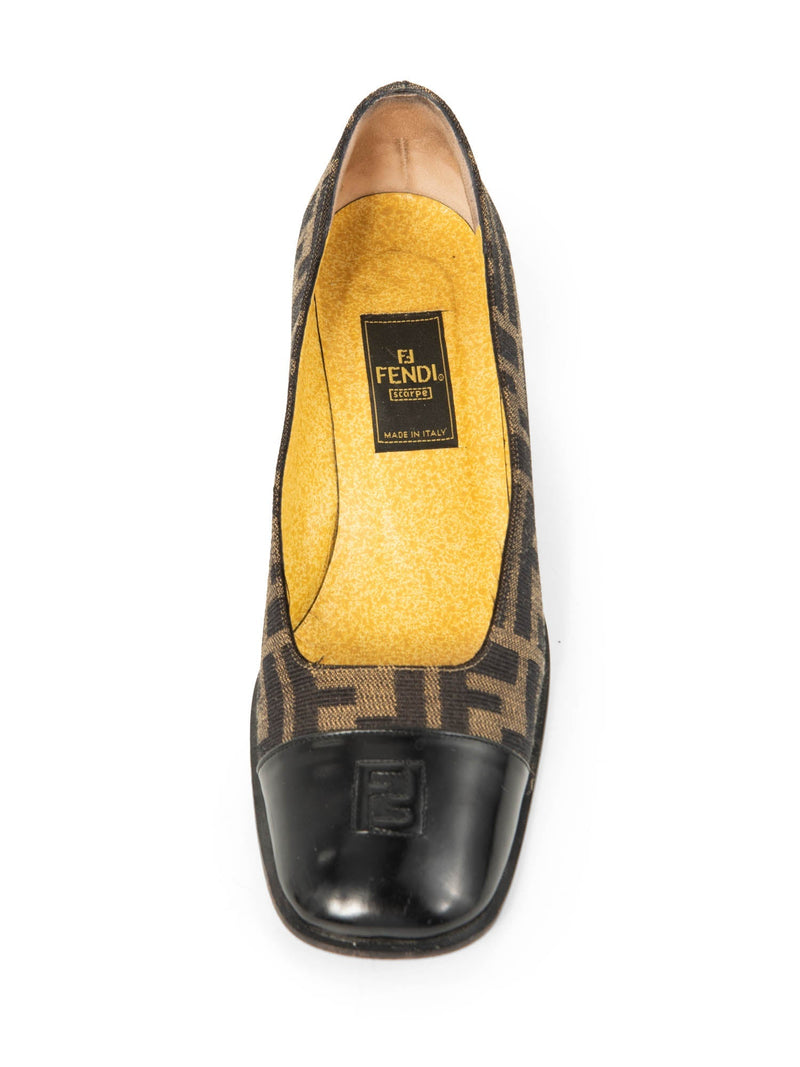 Fendi FF Logo Zucca Cap Toe Block Heel Shoes Brown Black-designer resale