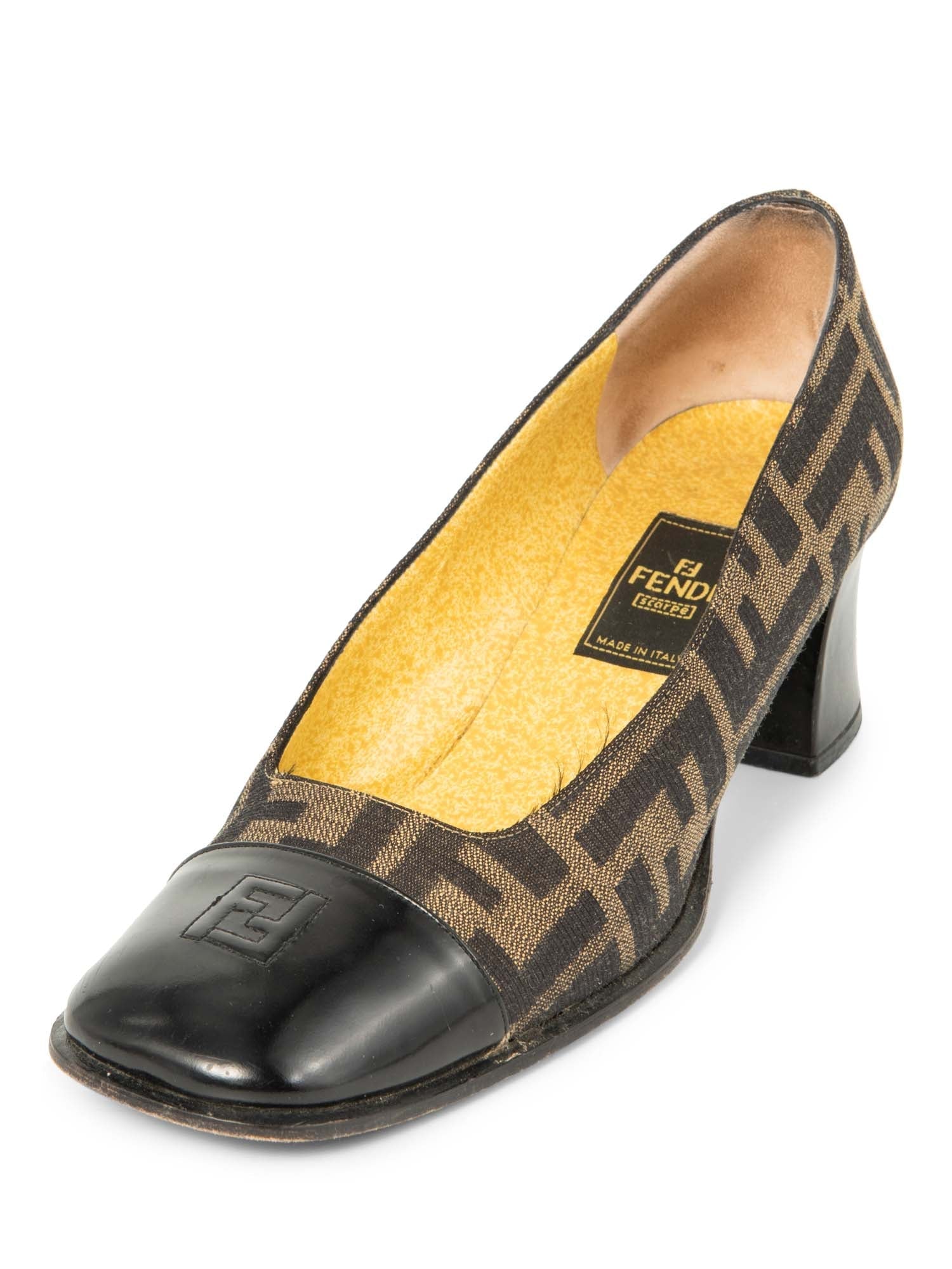 Fendi FF Logo Zucca Cap Toe Block Heel Shoes Brown Black-designer resale