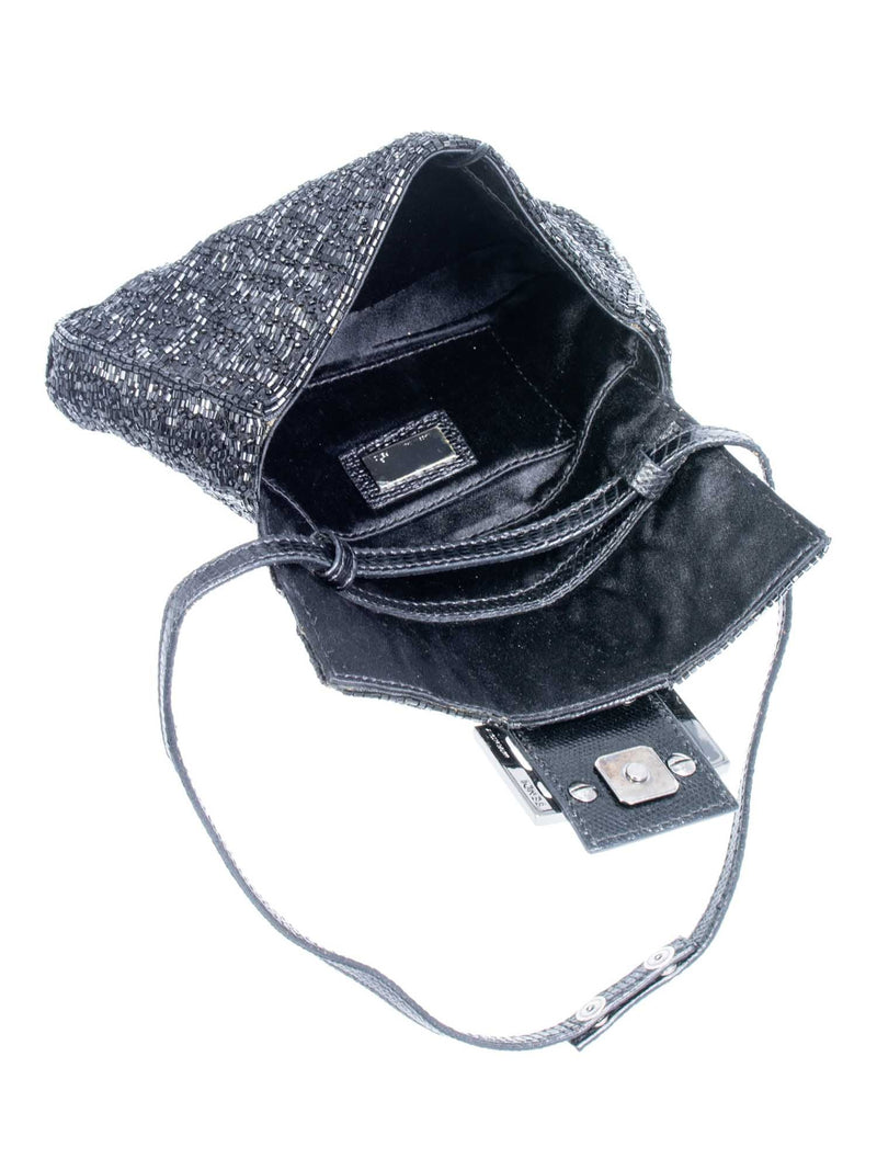 Fendi Logo Beaded Lizard Mini Flap Bag Black-designer resale