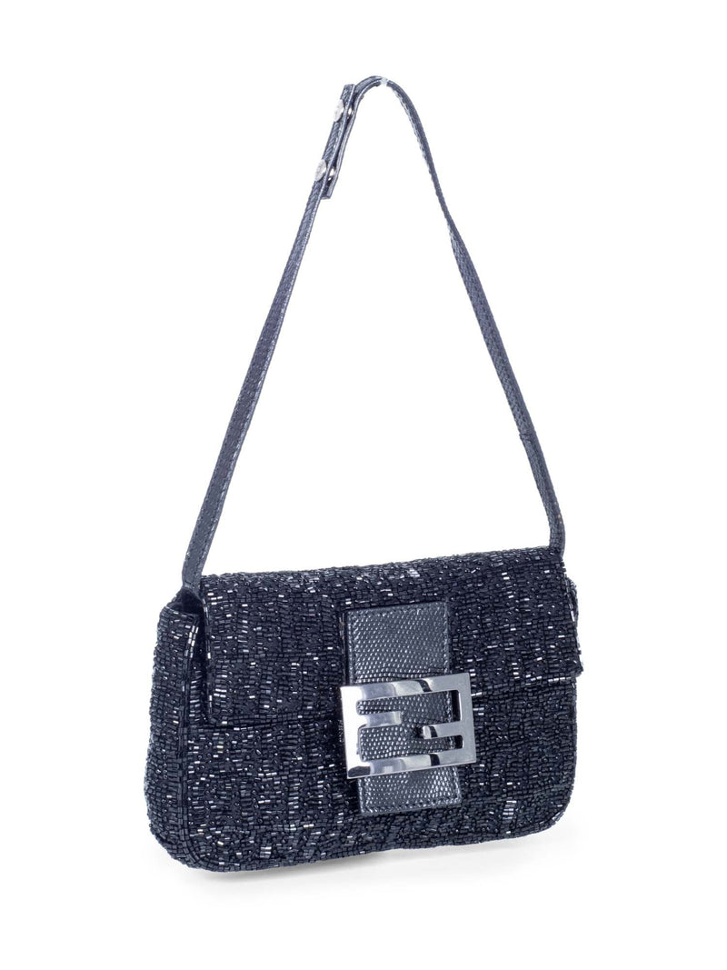 Fendi Logo Beaded Lizard Mini Flap Bag Black-designer resale